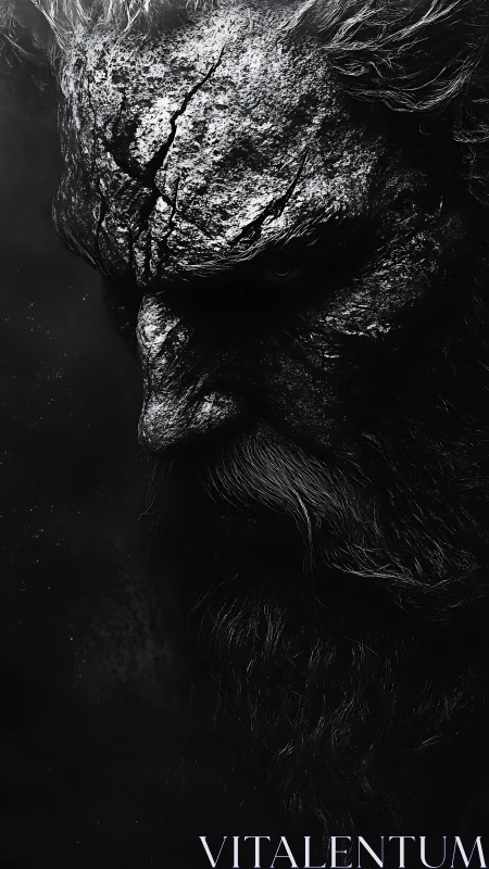 Monochrome profile of cracked stone-faced bearded figure.