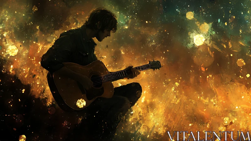 Silhouetted guitarist plays against abstract cosmic light field