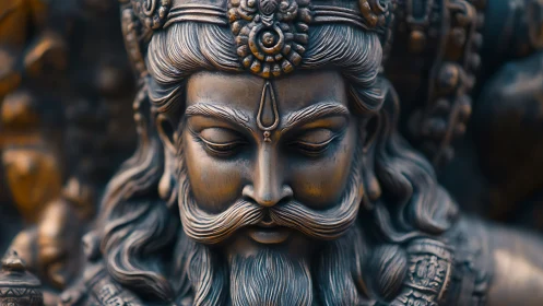 Close bronze sculpture of serene bearded deity face.