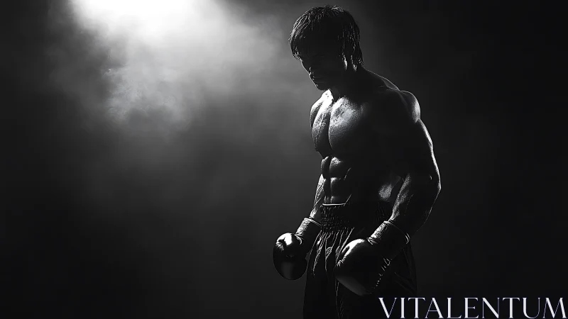 Low key monochrome portrait of muscular boxer in stance