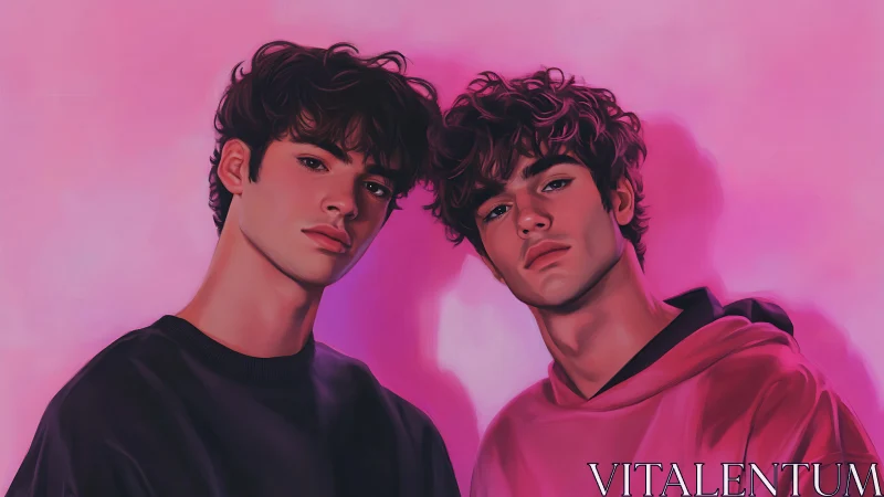 Twin glances drift through neon-pink haze in soft focus