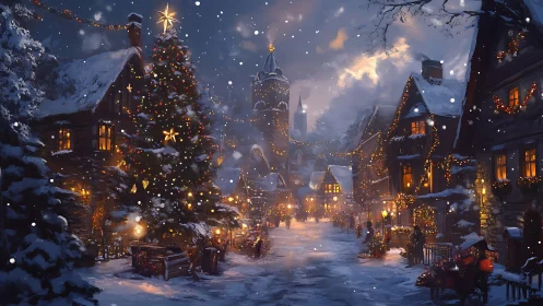 Digital painting of snowlit Christmas village street at dusk.