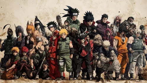 Fierce anime warriors stand united with battle-worn pride