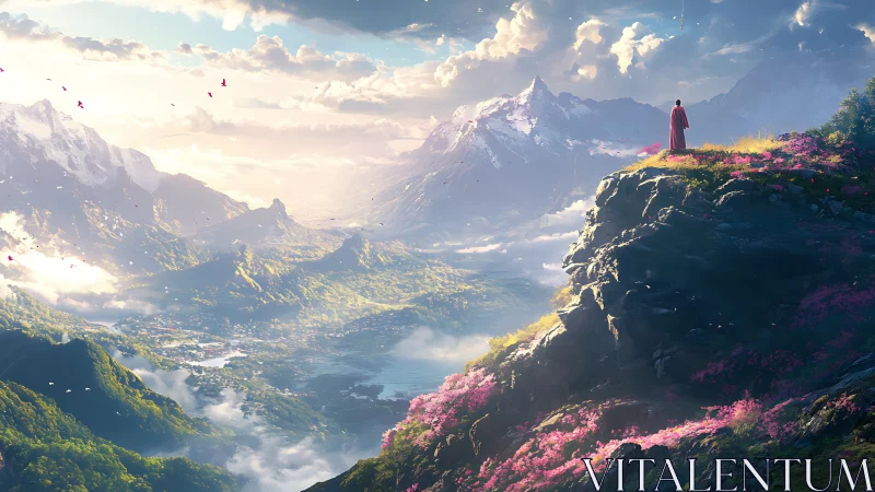 Solitary wanderer surveys luminous alpine dream valley.