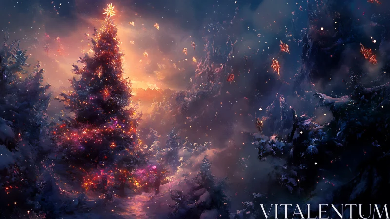 Winter forest tree glowing with quiet holiday magic.