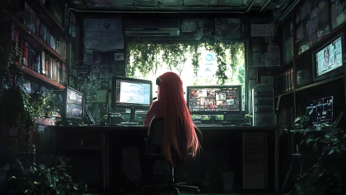 Solitary red haired analyst in overgrown multi screen room.