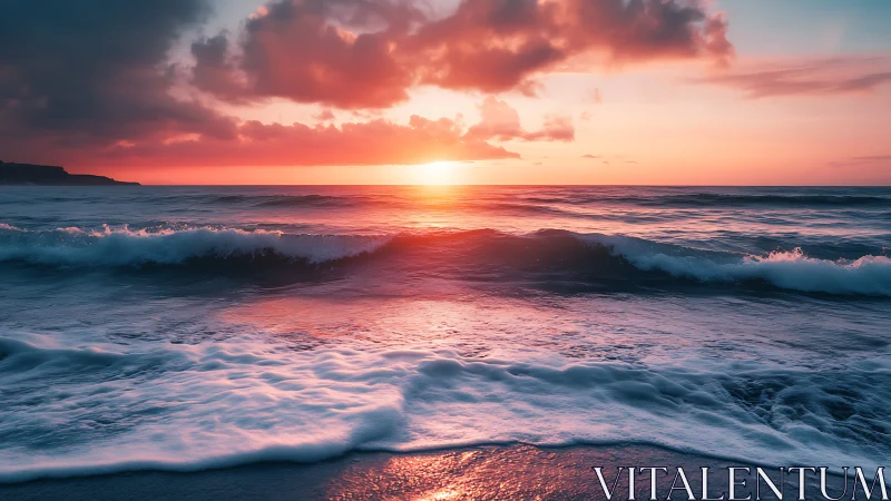 Sunset over ocean waves with foamy shoreline in view.