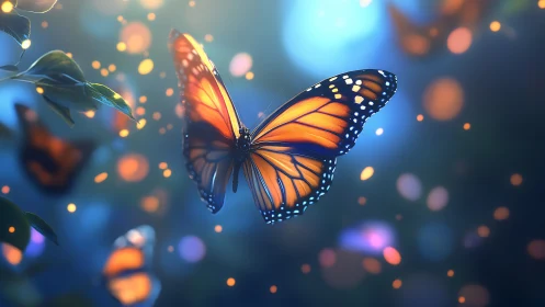 Midnight monarch drifts through lantern-bright forest air