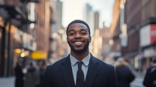 Urban sunrise smile in a tailored black suit of confidence.