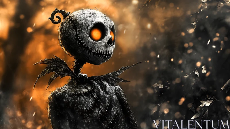 Gentle pumpkin skeleton gazes into a glowing autumn dusk