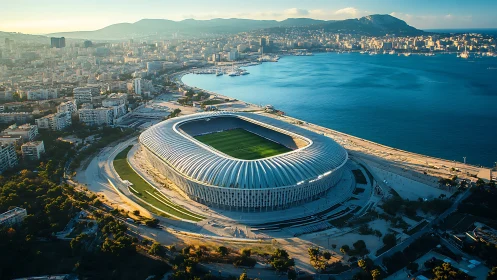 Modern coastal stadium encircles lush pitch at sunset.