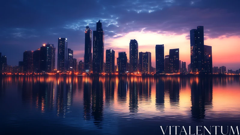Evening city skyline glows gently above the calm harbor waters