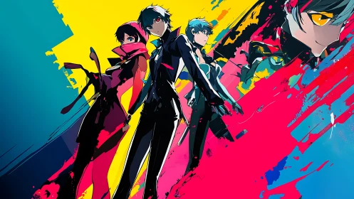 Stylized anime group with multicolored abstract background.