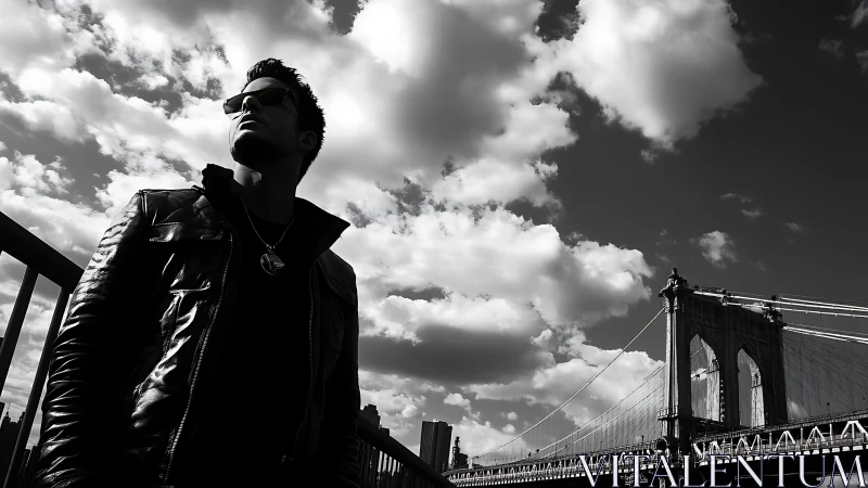 Brooding figure in leather jacket overlooks city bridge dramatically.