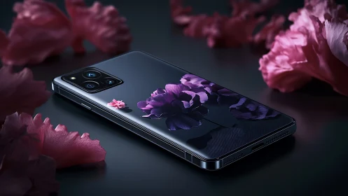 Reflective smartphone chassis with floral optical overlay.