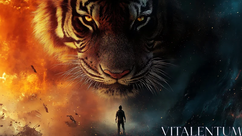Human silhouette before giant tiger amid fire and smoke.