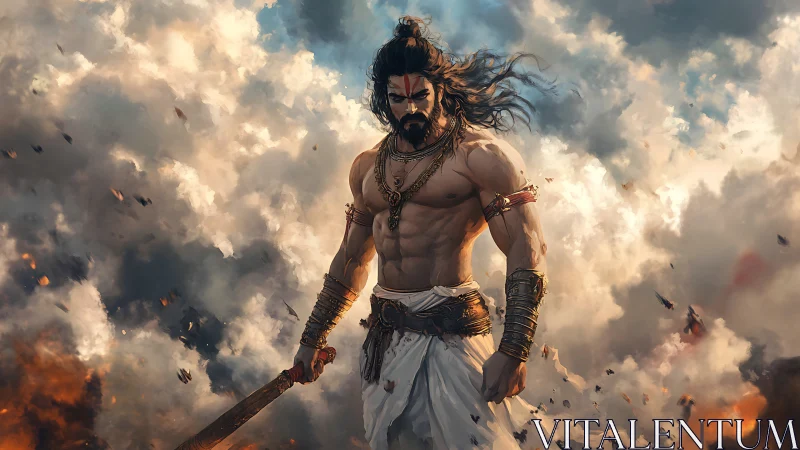 Mythic warrior strides through volumetric storm clouds in motion