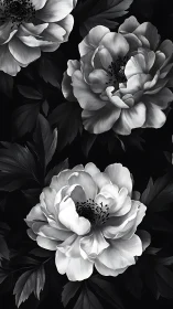 Monochromatic Peony Triptych with Dramatic Black Backdrop.