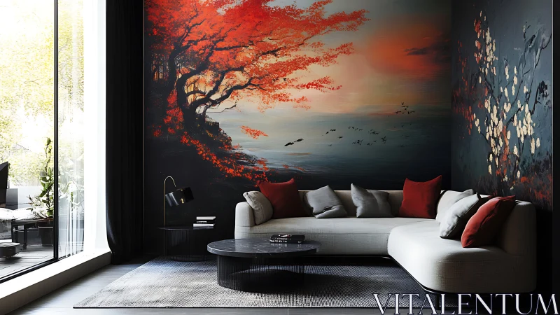Sunset mural transforms a modern living room into calm retreat