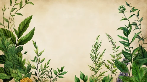Botanical herb border on aged parchment background, central copyspace