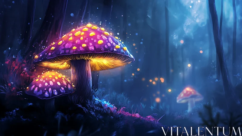 Glowing fantasy mushrooms illuminate a misty night forest.