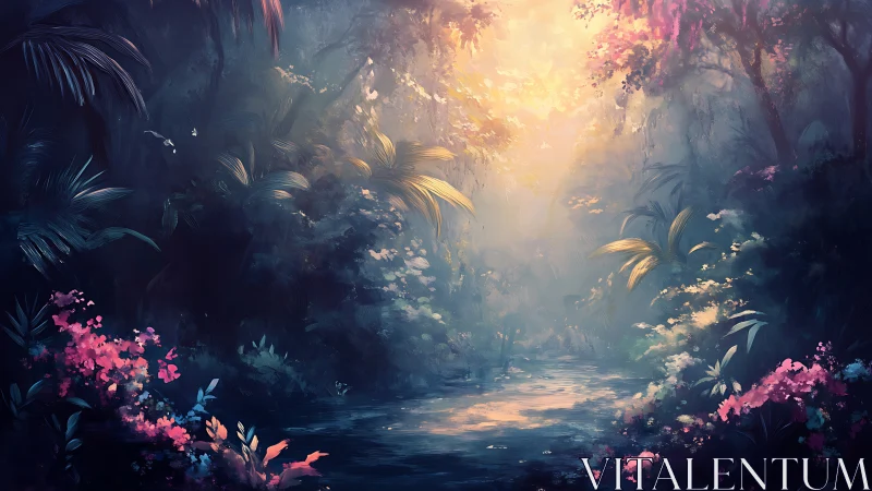 Luminous Forest Sanctuary Where Golden Light Bathes Mystical Gardens.