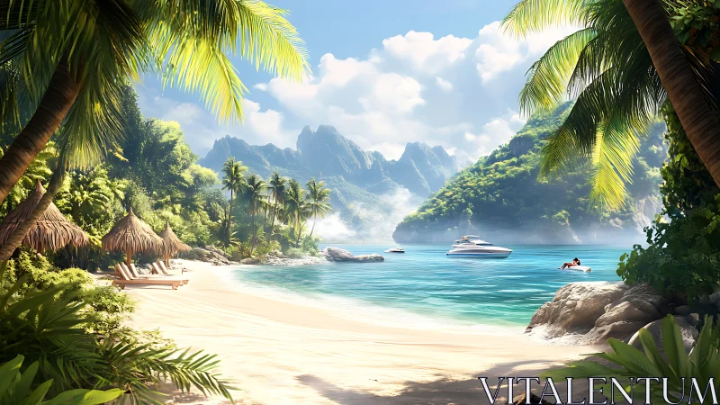 Tropical Island Beach with Anchored Vessels and Mountain Backdrop