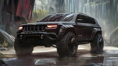 Jeep offroad concept dominates wet canyon trail terrain.