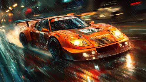 Orange GT race car powers through wet neon city streets.