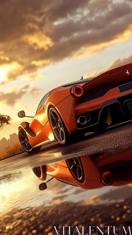 Supercar slices through golden sunset on wet open road.