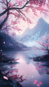 Chromatic alpine lake with reflective sakura canopy simulation.