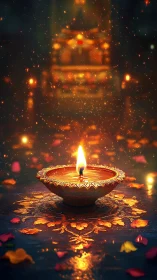 Gentle festival diya glowing warmly in a shower of light.