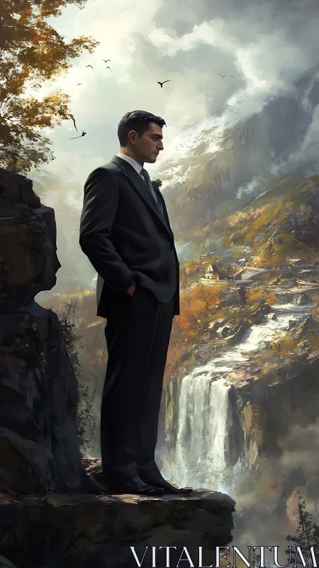 Solitary man in suit contemplates cliffs and waterfalls.
