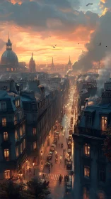 Twilight boulevard in Paris under glowing sunset sky.