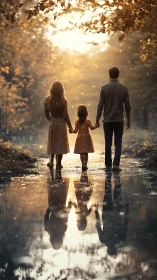 Family walks through golden light as nature ignites the sky