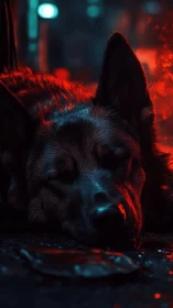 Sleeping dog rests in neon-lit night street glow
