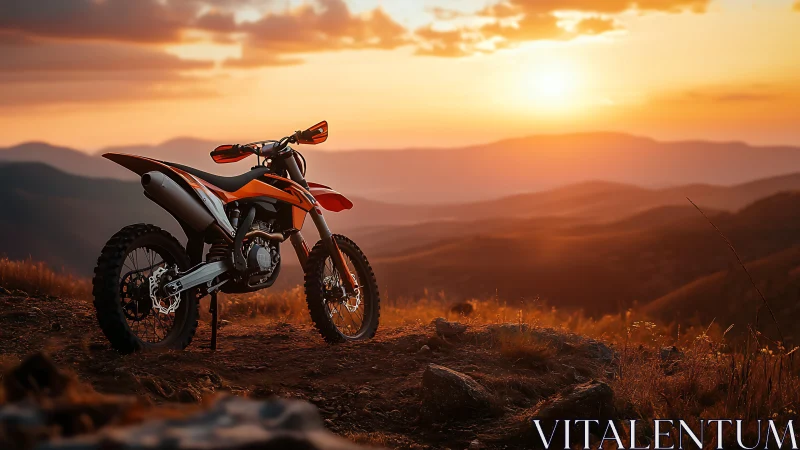 Enduro motorcycle waits on sunlit mountain ridge at sunset.