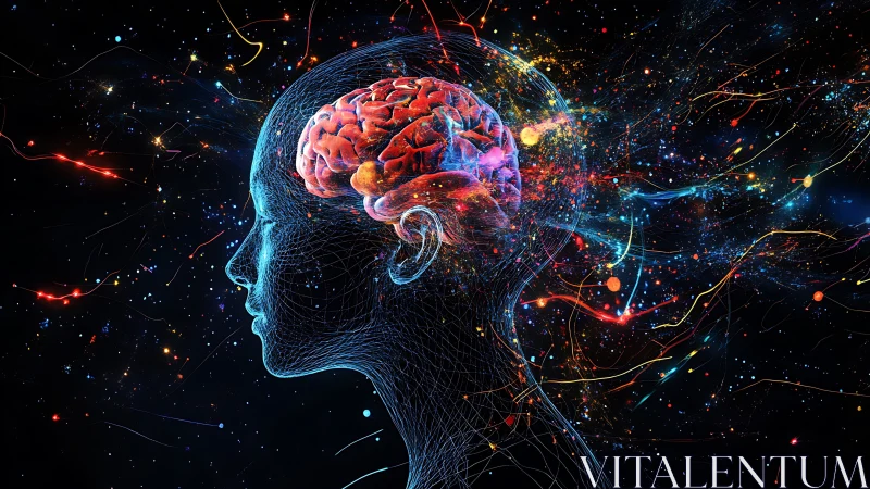 Neural energy streams encircle a luminous brain in profile