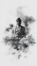 Monochrome Buddha portrait in atmospheric ink dispersion construct.