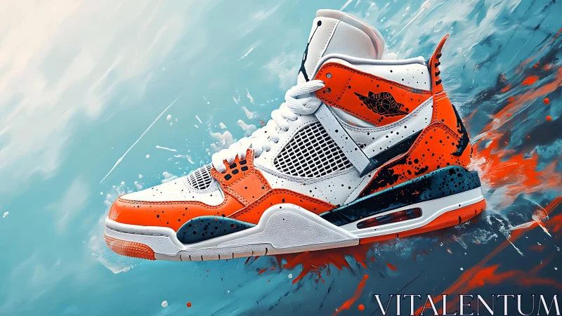 Dynamic orange street sneaker bursts through splashing color.