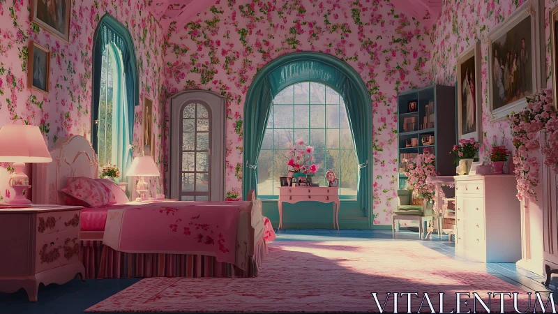 Pink floral bedroom with arched window and vintage decor.