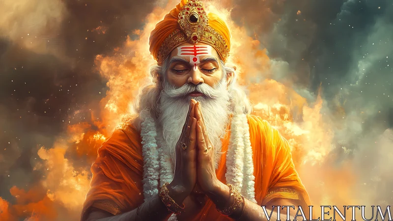 Digital painting depicts meditative Hindu sage amid radiant clouds