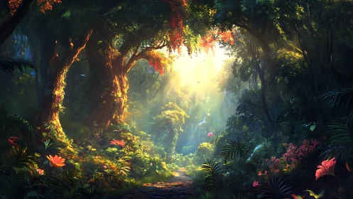 Illuminated forest pathway with ancient trees and flowering vegetation.