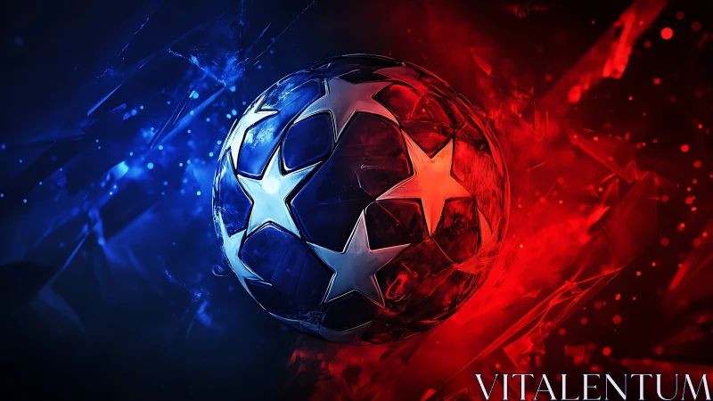 Glowing star soccer ball splits vivid red and blue light field