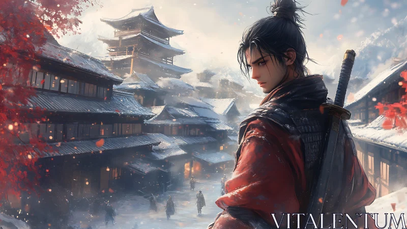 Stoic swordsman above snowy Japanese village at dusk.