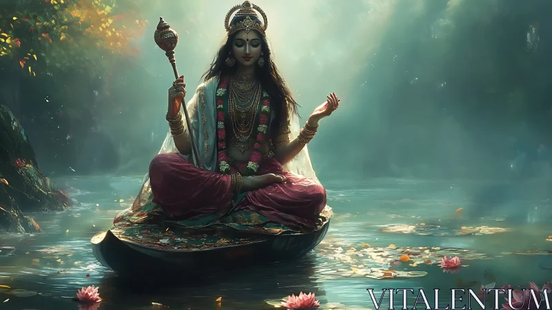 Divine river meditation in volumetric light and lotus bloom.