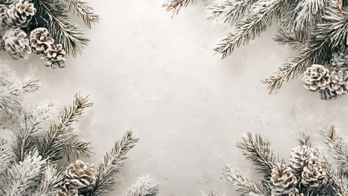 Snow-dusted pine branches framing neutral winter background