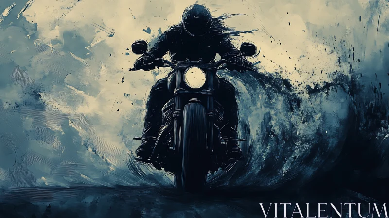 Motorcyclist emerging through abstract blue storm waves.