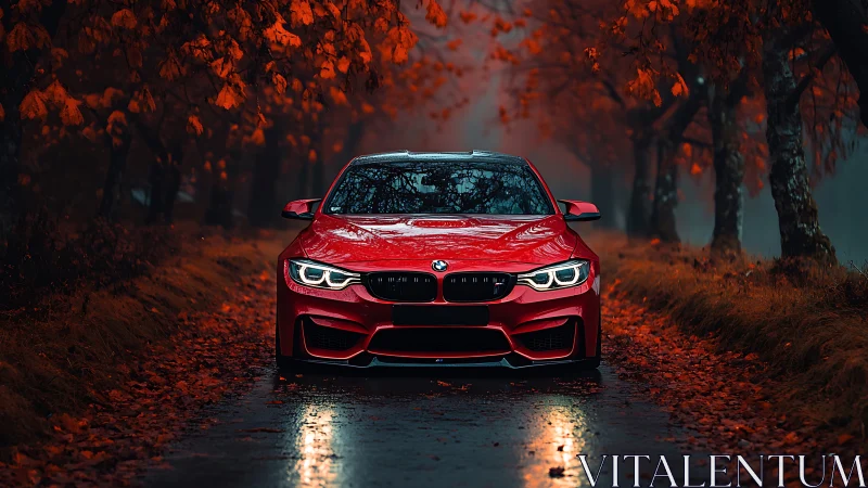 Red BMW sedan on wet autumn road under orange foliage.