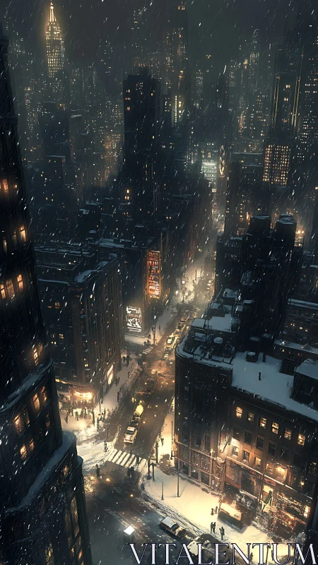 Snow-laden nocturnal cityscape with volumetric lighting and dense traffic